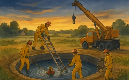 Rescue workers lowering a ladder into a water-filled cistern near a lake while coordinating recovery of a submerged vehicle