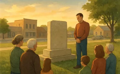 People gather near an unmarked stone memorial marker in evening light in an urban street setting.