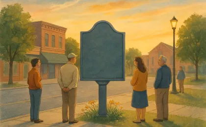 Evening scene showing a historical marker as community members gather nearby in a Kansas neighborhood.
