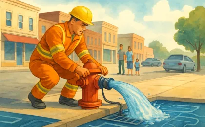 An illustration of a controlled hydrant flushing operation on a town street with workers keeping residents and vehicles at a safe distance.
