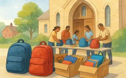 Volunteers packing school-supply items into backpacks inside a small-town church entryway