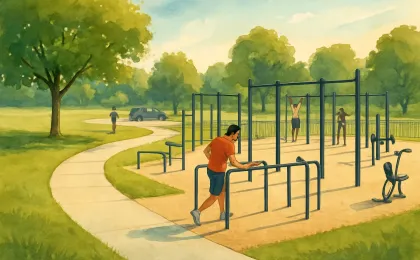 A community park with a concrete fitness path, outdoor exercise stations, and a green recreational area alongside a rectangular fitness court zone.