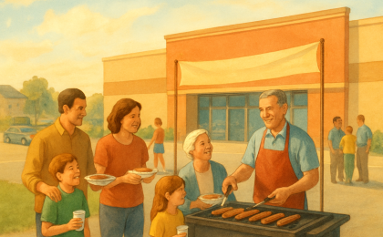 Community members gather around a hot dog grill outside a retail store for a cancer-support fundraiser.