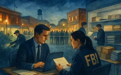 Federal investigators coordinate a rescue and confiscation operation during a large event