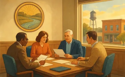 Illustration of a small-town council meeting with visible water-tower landmarks and a focus on local planning.