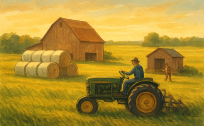 A rural Kansas farm with a tractor cutting grass and wrapped hay bales ready for winter feed.