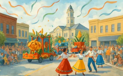 A daytime downtown street scene with colorful parade floats, traditional dancers, and a crowd watching.