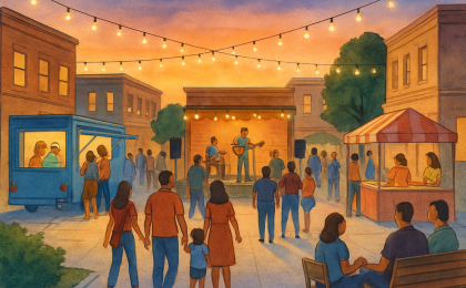 A dusk-time downtown plaza with food trucks, vendor booths, and a small outdoor music stage surrounded by families.