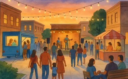 A dusk-time downtown plaza with food trucks, vendor booths, and a small outdoor music stage surrounded by families.