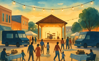 An evening illustration of a downtown plaza with food trucks, a small music stage, and families gathered around vendor booths.