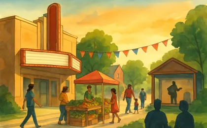 Illustration of a Kansas small-town community with a movie-theater scene, farmers market, parade, and live music stage during summer.