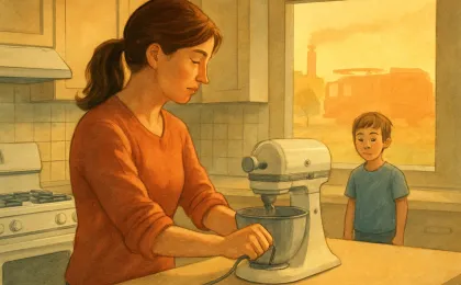 Illustration of a kitchen mixer being unplugged promptly while a child is kept safely supervised, highlighting hair and clothing safety around appliances.