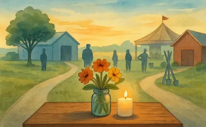 A symbolic community memorial scene with flowers and candlelight, suggesting animal care and local youth programs through surrounding objects.