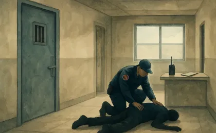 Somber illustration of emergency responders near a prison cell corridor during an ongoing investigation.