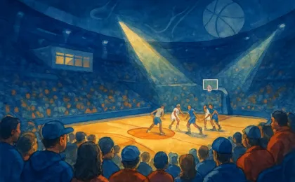 Fans inside an arena with bright spotlights on a basketball court, suggesting an upcoming NCAA tournament opening-round event.