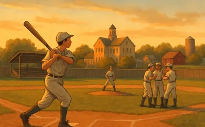 A celebratory scene of youth baseball action on a small-town field with players gathered near home plate.