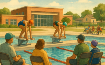 Youth swimmers and coaches at a community pool after a meet, with lane lines and rippling water in the foreground.