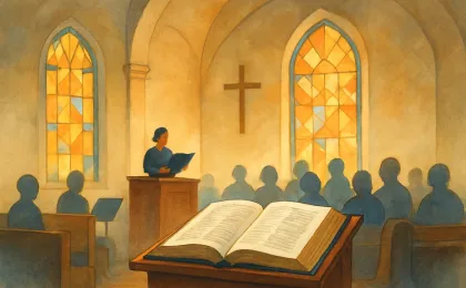 Open Bible on a church lectern with community gathered for a faith-based service and music performance in the background.