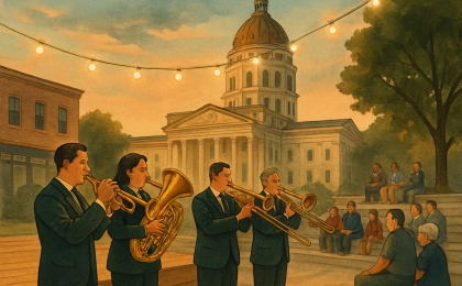 A community band performs outdoors near a grand government building at dusk, conveying civic pride and local musical tradition.