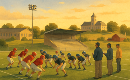 A football practice scene near a stadium with players drilling and coaches watching from the sideline.