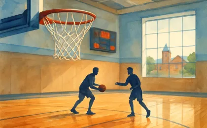 Illustration of a community college basketball court with players practicing near a hoop.
