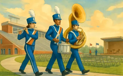 Three marching-band students rehearsing near an Emporia-area university setting, with a suggested parade route and a small indoor performance space in the background.