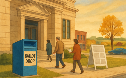 Illustration of a courthouse west entrance with a secured ballot drop box during advance voting