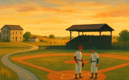 A sunset baseball field scene showing teams facing off with a sense of travel toward a classic ballpark setting.