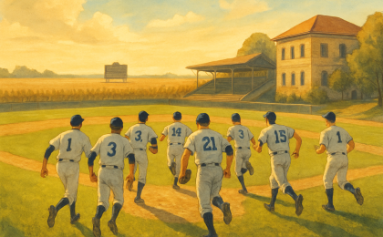 College baseball players entering a bright, cornfield-surrounded ballpark for a fall game