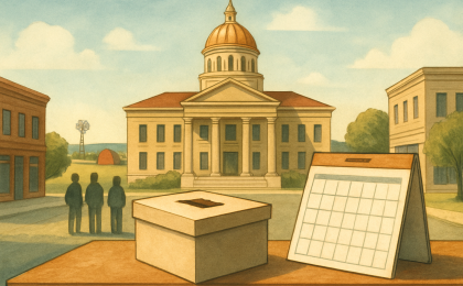 Illustration of a courthouse and ballot box with a calendar symbolizing a temporary pause to election rules