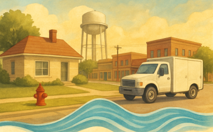 An illustration showing a Junction City-style neighborhood with water flowing lines and a distant water tower to represent reduced water and sewer rates.