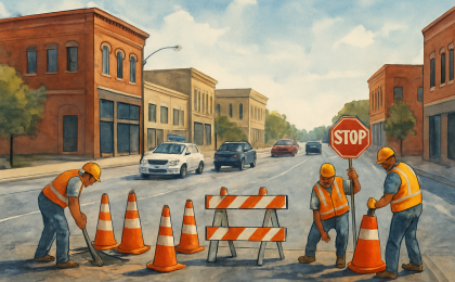 Artists’ illustration showing a city street with roadwork and construction activity for local infrastructure improvements.