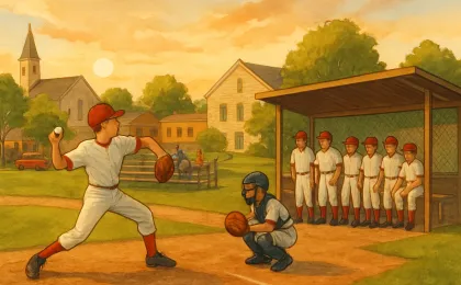 Youth baseball players on a field during a state tournament game at dusk
