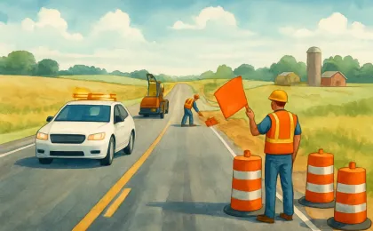 A rural highway work zone illustration with vehicles guided through intermittent single-lane traffic by a flagger and pilot car.