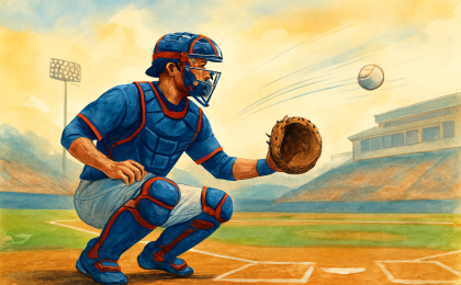 A baseball catcher on a field with a spotlight effect suggesting a draft selection into professional baseball.