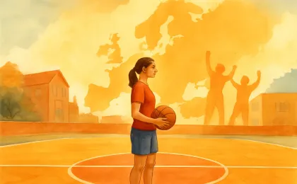 A celebratory basketball scene with an abstract European map backdrop and a cheering indoor court atmosphere.