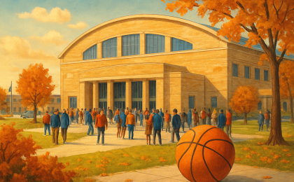 A Kansas-style college arena with a basketball theme and fans gathering for an upcoming home game.