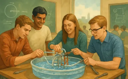 Students assembling a water-powered racetrack mechanism inside a clear plastic pool on a lab workbench.