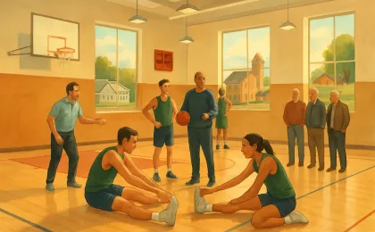 A Kansas college gym scene where current basketball players practice while former teammates visit and encourage them from the sidelines.