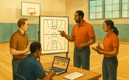 Coaching staff reviewing basketball footage and recruiting notes in an indoor arena setting