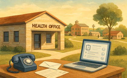An illustration showing mail and a phone used to update health program information near a government health office.