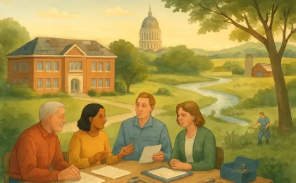 A community illustration linking school upkeep, healthy water and wildlife, and civic engagement in Kansas.