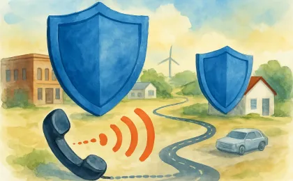 Illustration of a phone call pathway being blocked by protective barriers to represent tougher safeguards against illegal robocalls.