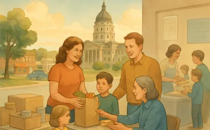 Illustration representing Kansas families relying on food assistance and school meals amid budget and coverage pressures.