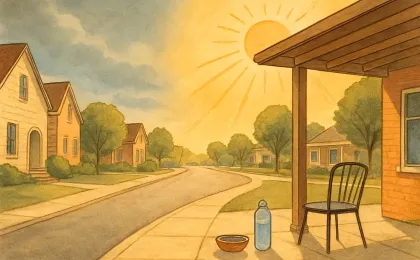 Illustration of heat waves over a neighborhood street with shaded rest and water for both a person and a pet