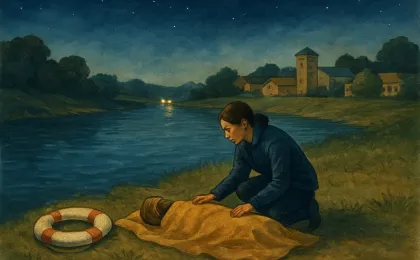 Illustration of river safety with a lifebuoy and caregiver near a dark shoreline at night