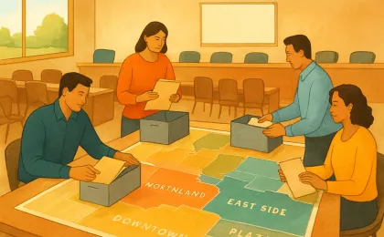 An editorial illustration of a city economic development reorganization with neighborhood zones and a hiring transition represented visually.