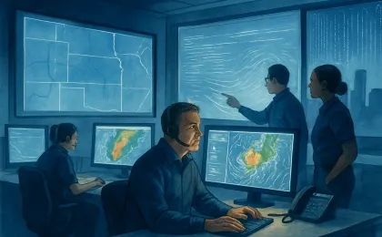 Emergency operations team in a control room coordinating city safety for a major event