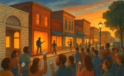 A warm, energetic street scene with performers and community members moving between multiple small venues during a festival.