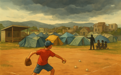 A young baseball player practices throwing beside tents on a damaged field after an earthquake